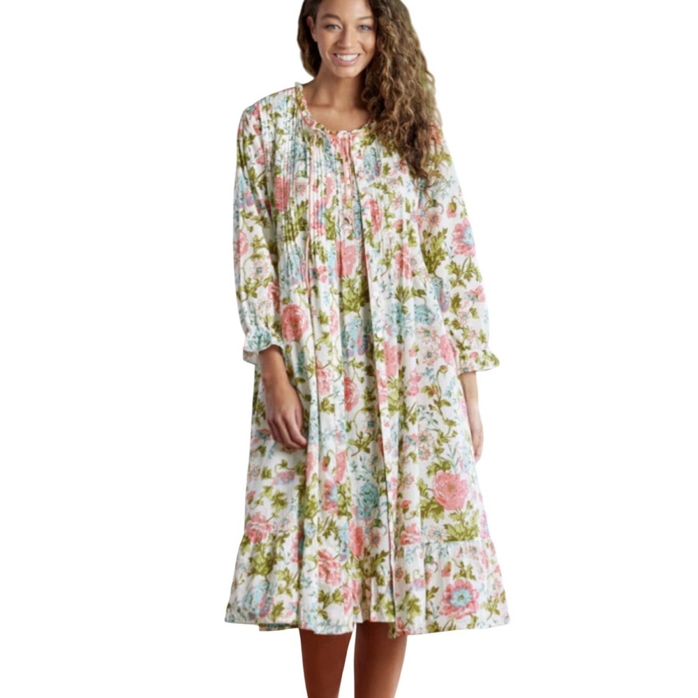 Ella Simone English Rose Floral Cotton Robe Dress Long Sleeves Cottagecore Small